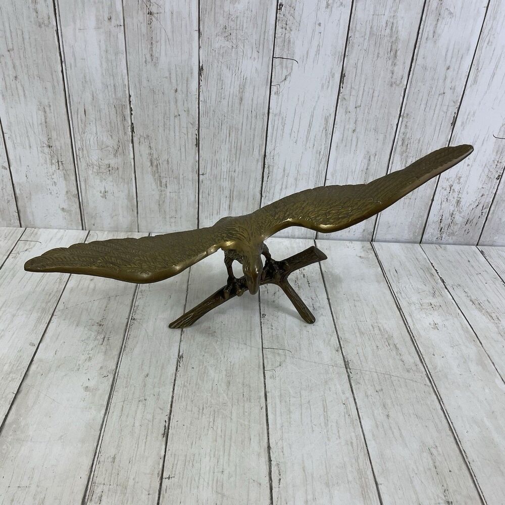 Vintage Detailed Brass Bald Eagle On Branch Statue 18.5”Wing Span